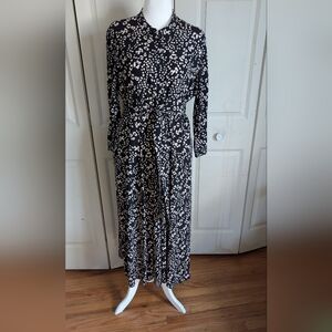 Zara Black and White Printed Long Sleeve Midi Dress with Tie Waist